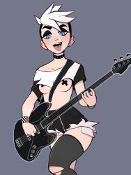 Rule 34 | 1girl, absurdres, bass guitar, blue eyes, breasts, breasts out, collar, crop top, cross pasties, denim, denim shorts, earrings, electric bass, fang, fender jazz bass, half-shirt, highres, instrument, jewelry, medium breasts, pasties, piercing, pudgeruffian, raglan sleeves, short shorts, shorts, solo, spiked collar, spikes, tagme, tape, tape on nipples, thighhighs, tongue, tongue out, tongue piercing, torn clothes, undercut, wristband