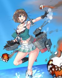 Rule 34 | 10s, 1girl, abyssal ship, black gloves, black legwear, blue eyes, blue sky, blurry, blush, breasts, brown hair, cannon, choker, clenched hand, covered erect nipples, crop top, day, depth of field, enemy aircraft (kancolle), escort fortress (kancolle), floating, gloves, gradient background, hair ornament, hairclip, hat, hat ribbon, headgear, highres, horizon, huge breasts, kantai collection, large breasts, looking to the side, machinery, maya (kancolle), midriff, mizuumi (bb), navel, ocean, outstretched arm, outstretched hand, pleated skirt, puffy nipples, remodel (kantai collection), ribbon, sailor collar, school uniform, serafuku, short hair, skirt, sky, sleeveless, smile, standing, standing on one leg