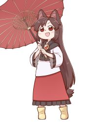 Rule 34 | 1girl, :d, aged down, animal ear fluff, animal ears, black scarf, blouse, blush, boots, brown hair, full body, gem, holding, holding umbrella, imaizumi kagerou, long hair, long sleeves, looking at viewer, oil-paper umbrella, open mouth, poronegi, red eyes, red skirt, red umbrella, rubber boots, scarf, shirt, simple background, skirt, smile, solo, standing, tail, touhou, umbrella, v-shaped eyebrows, very long hair, white background, white shirt, wide sleeves, wolf ears, wolf tail, yellow footwear