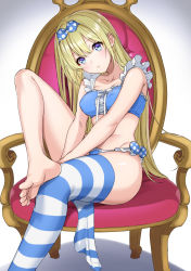 Rule 34 | 1girl, barefoot, blonde hair, blue eyes, bow, breasts, chair, covered erect nipples, feet, foot out of frame, hair bow, highres, legs, long hair, looking at viewer, original, polka dot, puffy nipples, single thighhigh, solo, striped clothes, striped thighhighs, thighhighs, toes, umeyuki, underwear, unworn legwear, very long hair
