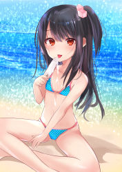 Rule 34 | 1girl, :p, absurdres, adachi tenka, bare arms, bare legs, bare shoulders, bikini, black hair, blue bikini, blush, commentary request, cube hair ornament, day, feet out of frame, food, hair between eyes, hair ornament, highres, holding, holding food, ice cream, long hair, looking at viewer, natsu (sinker8c), navel, ocean, one side up, outdoors, polka dot, polka dot bikini, red eyes, shoujo ramune, sitting, smile, solo, swimsuit, tongue, tongue out, very long hair, water