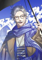 Rule 34 | 1boy, :d, absurdres, black-framed eyewear, black umbrella, blue butterfly, blue umbrella, bug, butterfly, commentary request, facial hair, fate/grand order, fate (series), glasses, grey hair, highres, holding, holding umbrella, insect, jacket, james moriarty (archer) (fate), james moriarty (tour outfit) (fate), looking at viewer, male focus, mustache, official alternate costume, old, old man, open clothes, open mouth, scarf, shirt, simple background, smile, solo, striped, suzuki rui, umbrella, upper body, white background