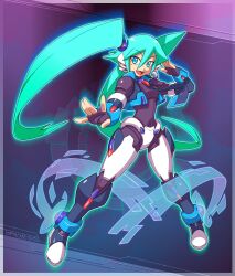 Rule 34 | 1girl, aqua hair, armor, artist name, black bodysuit, blue armor, blue eyes, bodysuit, bodysuit under clothes, breasts, crotch plate, fingerless gloves, gloves, hatsune miku, highres, long hair, looking at viewer, medium breasts, mega man (series), mega man zx, power armor, robot ears, salute, solo, tomycase, twintails, vocaloid