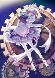 Rule 34 | 1girl, ankle lace-up, apron, arched back, arms up, bow, braid, clock, cross-laced footwear, cu-rim, embodiment of scarlet devil, female focus, floating, frills, full body, garter straps, gathers, gears, hair bow, high heels, izayoi sakuya, knife, legs, maid, maid apron, maid headdress, night, night sky, outdoors, red eyes, roman numeral, shoes, short hair, silver hair, sky, solo, thighhighs, throwing knife, touhou, twin braids, weapon, white thighhighs