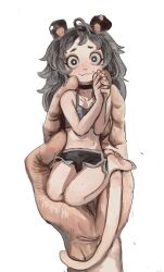 Rule 34 | 1girl, :3, absurdres, animal ears, bare arms, bare shoulders, black choker, black eyes, black shorts, bra, choker, closed mouth, collarbone, fang, fang out, full body, grey bra, grey hair, highres, holding, in palm, interlocked fingers, long hair, looking at viewer, mini person, minigirl, mossacannibalis, mouse ears, mouse girl, mouse tail, navel, original, own hands together, shorts, simple background, soles, solo focus, stomach, tail, underwear, white background