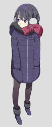 Rule 34 | 1girl, ankle boots, black eyes, black hair, blue footwear, blush, boots, coat, down jacket, earmuffs, full body, fur boots, hands in pocket, hands in pockets, jacket, mattaku mousuke, pantyhose, scarf, solo, standing, winter clothes
