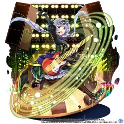 Rule 34 | 1girl, alternate costume, black dress, black footwear, boots, commentary, copyright name, copyright notice, dress, electric guitar, english commentary, flower, full body, game cg, guitar, hair flower, hair ornament, holding, holding instrument, instrument, long hair, looking at viewer, mask, mask on head, purple hair, rotte (1109), solo, stage, stage lights, third-party source, touhou, touhou lostword, tsukumo benben, tsukumo benben (rebel biwa bassist), twintails, white flower