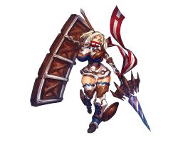Rule 34 | 1girl, blonde hair, blue eyes, boots, breasts, covered mouth, dress, feet, female focus, full body, game cg, gauntlets, gloves, hand up, head tilt, holding, holding lance, holding polearm, holding weapon, huge breasts, lance, large weapon, legs, looking at viewer, melon22, original, polearm, shield, solo, standing, thigh boots, thighhighs, thighs, transparent background, twintails, weapon, zettai ryouiki