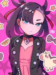 Rule 34 | 1girl, arms behind back, asymmetrical bangs, black collar, black hair, black jacket, black nails, bow, bowtie, closed mouth, collar, commentary request, creatures (company), food, fruit, game freak, green eyes, highres, jacket, light frown, looking at viewer, marnie (pokemon), medium hair, nintendo, open clothes, open jacket, orange (fruit), orange slice, pink background, pokemon, pokemon swsh, solo, star (symbol), touge moe, unicorn, upper body