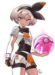 Rule 34 | 1girl, :&lt;, artist name, bea (pokemon), black bodysuit, black gloves, black hairband, bodysuit, bodysuit under clothes, bow, clenched hand, collared shirt, commentary request, cowboy shot, creatures (company), dark-skinned female, dark skin, dynamax ball, game freak, gloves, glowing, grey eyes, grey hair, gym leader, hairband, highres, holding, holding poke ball, looking at viewer, looking down, nintendo, partially fingerless gloves, poke ball, pokemon, pokemon swsh, print shirt, print shorts, shadow, shirt, short hair, short sleeves, shorts, simple background, single glove, solo, tied shirt, toot, two-tone gloves, white background, wristband