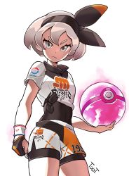 1girl :&lt; artist_name bea_(pokemon) black_bodysuit black_gloves black_hairband bodysuit bodysuit_under_clothes bow clenched_hand collared_shirt commentary_request cowboy_shot creatures_(company) dark-skinned_female dark_skin dynamax_ball game_freak gloves glowing grey_eyes grey_hair gym_leader hairband highres holding holding_poke_ball looking_at_viewer looking_down nintendo partially_fingerless_gloves poke_ball pokemon pokemon_swsh print_shirt print_shorts shadow shirt short_hair short_sleeves shorts simple_background single_glove solo tied_shirt toot two-tone_gloves white_background wristband