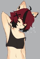 Rule 34 | 1girl, :|, = =, aeiou (yoako), ahoge, animal ear fluff, animal ears, animal nose, arm behind head, bare arms, bare shoulders, black hair, body fur, breasts, cat ears, cat girl, closed eyes, closed mouth, commentary, earclip, earrings, english commentary, furry, furry female, grey background, hair ornament, highres, jewelry, multicolored hair, navel, original, red hair, simple background, single earring, sleepy, small breasts, solo, strap slip, streaked hair, two-tone hair, upper body, waking up, x hair ornament, yoako