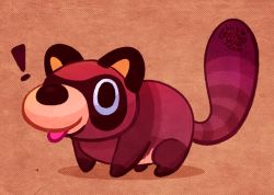 Rule 34 | !, animal, animal focus, brown background, commentary, crossy road, japan, leonieyue, no humans, shadow, simple background, solid circle pupils, tail raised, tanuki, tanuki (crossy road), tongue, tongue out, watermark, web address