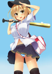 Rule 34 | 1girl, arm up, bad id, bad pixiv id, baseball bat, baseball cap, between breasts, black thighhighs, blonde hair, blue background, blush, breasts, cameltoe, cowboy shot, hat, large breasts, looking at viewer, navel, open mouth, original, over shoulder, panties, pantyshot, short hair, skirt, solo, strap between breasts, striped clothes, striped panties, thighhighs, underwear, upskirt, wind, wind lift, yahiro (anhnw), yellow eyes