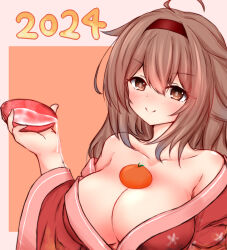 Rule 34 | 1girl, 2024, ahoge, alcohol, alternate costume, bare shoulders, blush, breasts, brown eyes, brown hair, cleavage, collarbone, commentary request, cup, dated, floral print, food, fruit, gradient hair, hair flaps, hairband, hand up, highres, japanese clothes, kantai collection, kimono, large breasts, long hair, looking at viewer, mandarin orange, multicolored hair, red hairband, sakazuki, sake, shiratsuyu (kancolle), shiratsuyu kai ni (kancolle), smile, solo, yuki (yukineko-nyaa)