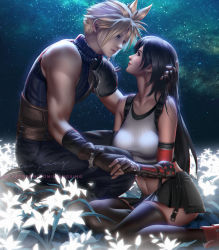 Rule 34 | 1boy, 1girl, arm guards, black hair, black skirt, black thighhighs, blonde hair, cloud strife, crop top, eye contact, final fantasy, final fantasy vii, final fantasy vii remake, flower, glowing, hand on another&#039;s head, hetero, highres, holding hands, liang xing, long hair, looking at another, low-tied long hair, night, pleated skirt, skirt, sky, sleeveless, sleeveless turtleneck, spiked hair, square enix, star (sky), starry sky, suspender skirt, suspenders, tank top, thighhighs, tifa lockhart, turtleneck, white tank top