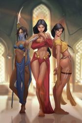 Rule 34 | 3girls, arabian, arabian clothes, belly, belly dancer, breasts, dagger, knife, large breasts, loincloth, multiple girls, tagme, waveloop, weapon
