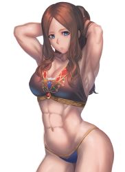 Rule 34 | 1girl, abs, alternate costume, armpits, arms behind head, arms up, blue eyes, breasts, brown hair, cleavage, collarbone, commentary request, fate/grand order, fate (series), highres, large breasts, leonardo da vinci (fate), long hair, looking at viewer, muscular, muscular female, navel, ranma (kamenrideroz), simple background, solo, thick thighs, thighs