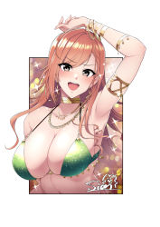 Rule 34 | 1girl, arisugawa natsuha, arm up, armlet, armpits, artist name, bare shoulders, bikini, border, bracelet, breasts, cleavage, dangle earrings, earrings, green bikini, halterneck, highres, idolmaster, idolmaster shiny colors, jewelry, large breasts, long hair, looking at viewer, navel, necklace, open mouth, sian, swimsuit, white border