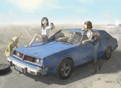 Rule 34 | 4girls, black hair, blonde hair, boots, breasts, brown hair, car, cleavage, copyright request, day, denim, desert, dog, flat tire, jeans, jettoburikku, license plate, looking at another, looking away, medium hair, motor vehicle, multiple girls, pants, ponytail, short hair, signature, sitting, skirt, sky, small breasts, standing, tire, vehicle focus