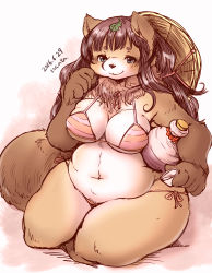 Rule 34 | 1girl, artist request, bikini, blue eyes, breasts, brown hair, female focus, full body, furry, furry female, gradient background, long hair, open mouth, raccoon, solo, swimsuit, white background
