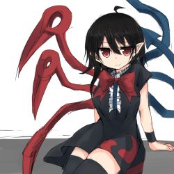 Rule 34 | 1girl, ahoge, bad id, bad pixiv id, black dress, black hair, black thighhighs, bow, bowtie, closed mouth, collar, cowboy shot, dress, frilled collar, frills, golgi hon, highres, houjuu nue, looking at viewer, pointy ears, red bow, red bowtie, red eyes, short sleeves, sitting, smile, solo, thighhighs, touhou, wristband, zettai ryouiki