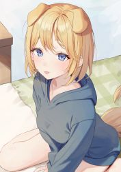 Rule 34 | 1girl, :p, absurdres, animal ears, bare legs, blonde hair, blue eyes, blue hoodie, blush, breasts, dog ears, dog girl, dog tail, extra ears, highres, hololive, hololive english, hood, hood down, hoodie, long sleeves, looking at viewer, medium breasts, on bed, short hair, sitting, solo, syhan, tail, tongue, tongue out, virtual youtuber, wariza, watson amelia
