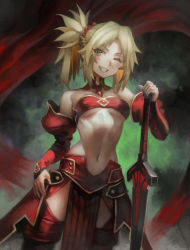 Rule 34 | 1girl, armor, bandeau, blonde hair, blush, braid, breasts, clarent (fate), detached sleeves, dutch angle, eyes visible through hair, fang, fate/apocrypha, fate (series), faulds, green eyes, hand on own hip, highres, long hair, looking at viewer, medium breasts, mordred (fate), mordred (fate/apocrypha), navel, one eye closed, pelvic curtain, ponytail, red thighhighs, scrunchie, smile, solo, standing, sword, thighhighs, underboob, visqi, weapon