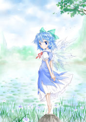 Rule 34 | 1girl, arms behind back, barefoot, blue eyes, blue hair, cirno, dress, female focus, flower, own hands clasped, kiriu, lake, lily pad, looking back, matching hair/eyes, nature, outdoors, own hands together, plant, ribbon, shoot the bullet, short hair, sky, solo, touhou, wings