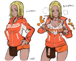 Rule 34 | 1girl, aqua eyes, blonde hair, blue eyes, blush, brand name imitation, breasts, butcha-u, cleavage, condom, condom packet strip, condom wrapper, cropped legs, dark-skinned female, dark skin, delightfully fuckable and unrefined!!, employee uniform, hands on own hips, hooters, jacket, large breasts, looking at viewer, mari (delightfully fuckable and unrefined!!), name tag, naughty face, no legwear, open clothes, open jacket, original, see-through, short hair, short shorts, shorts, simple background, smell, smile, solo, sweat, tank top, track jacket, translation request, uniform, unzipping, waitress, white background