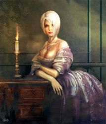 Rule 34 | 1girl, breasts, candle, cleavage, dress, female focus, isabella valentine, short hair, solo, soul calibur, soulcalibur, soulcalibur iii, white hair