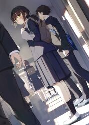 Rule 34 | 1girl, bag, black footwear, blazer, blue jacket, blue skirt, blush, brown hair, buttoned cuffs, commentary request, day, dot nose, dutch angle, full body, green eyes, hallway, holding strap, indoors, jacket, kamizaki hibana, layered clothes, long bangs, long hair, long skirt, long sleeves, looking back, low ponytail, original, parted lips, people, pleated skirt, school, school bag, school uniform, shadow, shoes, short ponytail, sidelocks, skirt, socks, solo focus, standing