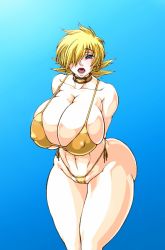 Rule 34 | 1girl, arms behind back, bikini, blonde hair, blue eyes, breasts, cameltoe, cleavage, curvy, covered erect nipples, hair over one eye, hellsing, highres, huge breasts, image sample, looking at viewer, open mouth, pixiv sample, seras victoria, short hair, solo, standing, swimsuit, thick thighs, thighs, wide hips, wrato
