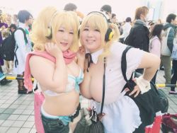 Rule 34 | 2girls, asian, blonde hair, breasts, brown eyes, cleavage, cosplay, fat, headphones, hoshima mika, huge breasts, jewelry, multiple girls, necklace, nitroplus, photo (medium), star (symbol), super pochaco, super pochaco (cosplay), twintails