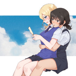 Rule 34 | 2girls, adapted uniform, andou (girls und panzer), bc freedom school uniform, black dress, black hair, blouse, blue neckwear, blue sky, blue sweater, blush, brown eyes, closed mouth, cloud, cloudy sky, commentary, dark-skinned female, dark skin, diagonal-striped clothes, diagonal-striped necktie, diagonal-striped neckwear, dress, dress shirt, food, food in mouth, frown, girls und panzer, highres, holding, hug, hug from behind, invisible chair, letterboxed, looking at another, medium hair, messy hair, mouth hold, multiple girls, necktie, open mouth, oshida (girls und panzer), pinafore dress, pleated dress, popsicle, popsicle stick, school uniform, sesame (sesame mas), shirt, short dress, short ponytail, sitting, sky, sleeveless, sleeveless dress, striped clothes, striped neckwear, summer uniform, sweat, sweater, sweater vest, v-neck, white shirt, wing collar, yuri
