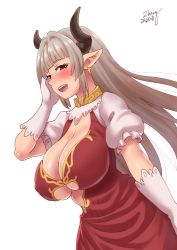 Rule 34 | 10s, 1girl, 2016, alicia (granblue fantasy), blush, breasts, center opening, head rest, cleavage, dated, draph, dress, earrings, gloves, granblue fantasy, horns, huge breasts, jewelry, large breasts, long hair, looking at viewer, open mouth, pointy ears, red eyes, silver hair, smile, solo, white gloves, zheng
