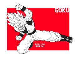 Rule 34 | 1boy, artist name, boots, character name, clenched hands, commentary, dougi, dragon ball, dragonball z, fighting stance, framed, frown, kicking, looking away, male focus, monochrome, outstretched arms, red background, serious, simple background, son goku, spiked hair, twitter username, white background, wristband