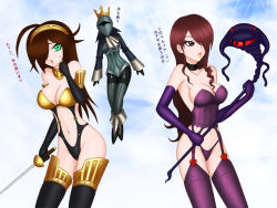 Rule 34 | 3girls, atlus, breasts, cleavage, cosplay, crossover, green eyes, high-cut armor (persona), kirijou mitsuru, long hair, moaizmoai, multiple girls, name connection, nyx (queen&#039;s blade), persona, persona 3, queen&#039;s blade, translation request