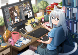 Rule 34 | 1girl, aina (mao lian), animal ear fluff, animal ears, artist self-insert, black-framed eyewear, black cat, blue eyes, blue shirt, blue skirt, book, bookshelf, brown hair, cat, cat ears, cat tail, cellphone, chair, chips (food), chopsticks, closed mouth, cup, desk, drawing tablet, eraser, food, from side, glasses, grey hair, highres, holding, holding stylus, long hair, looking at viewer, looking back, looking to the side, mao lian (nekokao), monitor, office chair, on chair, open book, original, pencil, phone, potato chips, scissors, shirt, short sleeves, sitting, skirt, smartphone, smile, solo, stylus, swivel chair, tail, tin can