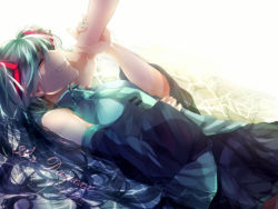 Rule 34 | 1girl, 39, backlighting, detached sleeves, closed eyes, green hair, hand on another&#039;s face, hand on own stomach, hatsune miku, lying, necktie, on back, skirt, vocaloid, xxxka66
