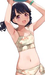 Rule 34 | 1girl, armpits, arms up, ball, bare arms, bare shoulders, beachball, bikini, black hair, bracelet, collarbone, commentary request, cowboy shot, fangs, fukumaru koito, highres, hiroki (yyqw7151), idolmaster, idolmaster shiny colors, jewelry, looking at viewer, navel, open mouth, print bikini, purple eyes, skin fangs, solo, spaghetti strap, swept bangs, swimsuit, twintails, white background