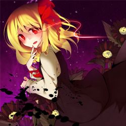 Rule 34 | 1girl, ascot, blonde hair, bow, dark, flower, from side, glowing, glowing eye, hair bow, looking at viewer, red eyes, rumia, solo, tamagogayu1998, touhou