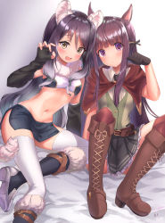 Rule 34 | 2girls, animal ear fluff, animal ears, black hair, blouse, blunt bangs, blush, boots, collared shirt, cross-laced footwear, detached sleeves, fang, gloves, highres, kasumi (princess connect!), lace-up boots, looking at viewer, multiple girls, navel, open mouth, paw pose, princess connect!, purple eyes, purple hair, shiori (princess connect!), shirt, simple background, sylvaniaf, tail, thighhighs, tiger ears, tiger tail, white background, white legwear, white shirt, yellow eyes