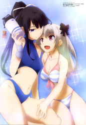 Rule 34 | 10s, 2girls, :d, absurdres, bikini, black hair, bow, breasts, cleavage, eye contact, female focus, hair bow, hair ribbon, highres, implied yuri, long hair, looking at another, medium breasts, megami magazine, multiple girls, non-web source, official art, open mouth, ponytail, purple eyes, qualidea code, red eyes, ribbon, rindou hotaru, small breasts, smile, sparkle, striped bikini, striped clothes, swimsuit, tabata hisayuki, tenkawa maihime, yuri