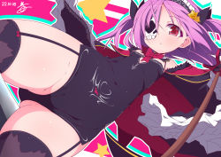Rule 34 | 1girl, bare shoulders, blush, breasts, cape, cleavage, cosplay, costume switch, detached sleeves, dress, flower, garter straps, hair flower, hair ornament, highres, long sleeves, looking at viewer, magia record: mahou shoujo madoka magica gaiden, magical girl, mahou shoujo madoka magica, maid headdress, medium hair, misono karin, monocle, nekokan-nekokan, parted bangs, parted hair, purple hair, red eyes, solo, tattoo, thighhighs, two side up