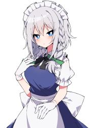 Rule 34 | 1girl, blue eyes, commentary request, gloves, green ribbon, grey hair, hair ribbon, highres, izayoi sakuya, looking at viewer, maid headdress, puffy short sleeves, puffy sleeves, ribbon, short hair, short sleeves, simple background, solo, touhou, tsukimirin, white background, white gloves