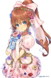 Rule 34 | 1girl, blue eyes, brown hair, closed mouth, dress, gloves, long hair, looking at viewer, murata tefu, ponytail, precis neumann, simple background, smile, solo, star ocean, star ocean anamnesis, star ocean the second story, white background