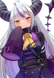 Rule 34 | 1girl, absurdres, ahoge, ascot, black horns, blush, braid, braided bangs, chain, collar, grey hair, highres, hololive, horns, kimura mitsuki, la+ darknesss, la+ darknesss (1st costume), long hair, looking at viewer, metal collar, multicolored hair, o-ring, pointy ears, purple hair, sleeves past fingers, sleeves past wrists, smile, solo, streaked hair, striped horns, virtual youtuber, yellow ascot