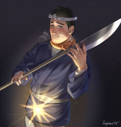 Rule 34 | 1boy, black eyes, black hair, blue kimono, blush, breath, character request, cowboy shot, foxvulpine, glowing, golden kamuy, hachimaki, headband, holding, holding weapon, japanese clothes, kimono, male focus, orange scarf, polearm, scarf, sexually suggestive, simple background, solo, sweatdrop, weapon