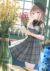 Rule 34 | 1girl, absurdres, bare shoulders, black shirt, blonde hair, blurry, blurry foreground, blush, closed mouth, commentary, dress, flower, grey dress, hands up, head tilt, highres, holding, holding flower, indoors, long hair, looking at viewer, original, plaid, plaid dress, plant, red eyes, red flower, senri (senri sen), shirt, short sleeves, sleeveless, sleeveless dress, solo, standing, symbol-only commentary, table, vase, window, yellow flower